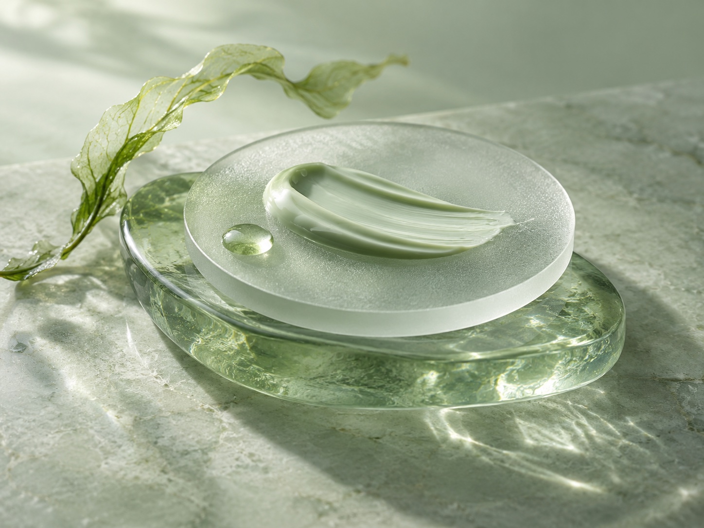 Pale green skincare cream and a serum drop on frosted glass beside algae