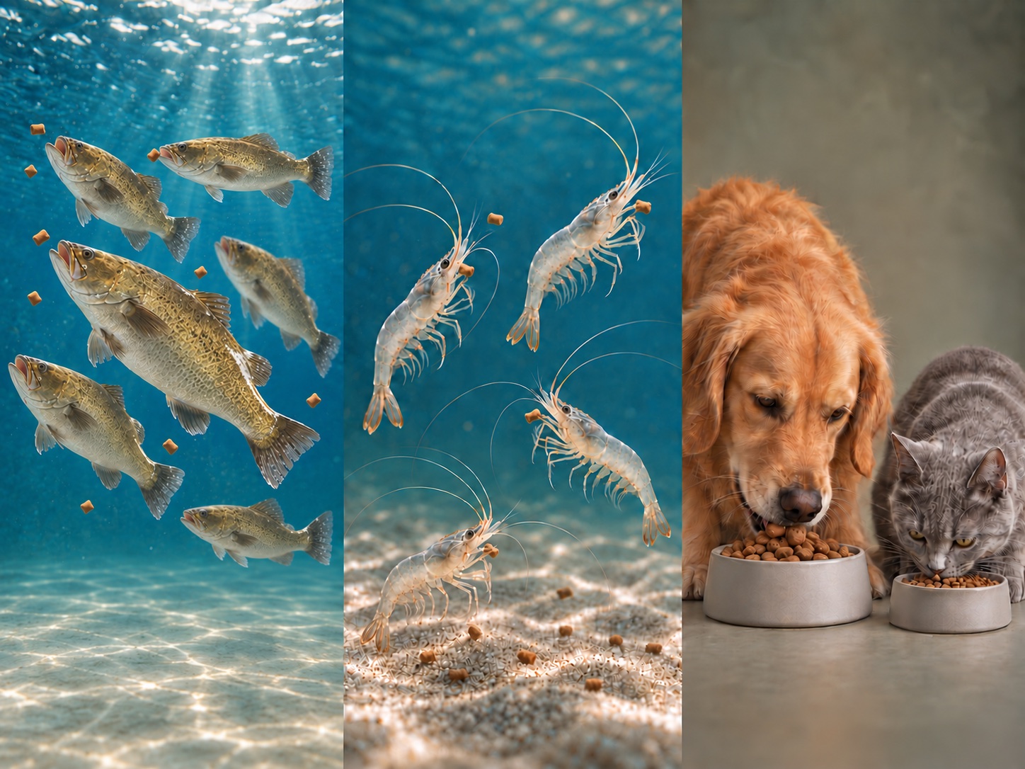 Six golden barramundi feeding above a pale tank floor, a group of shrimp nibbling feed, and a golden retriever and grey cat eating from separate bowls