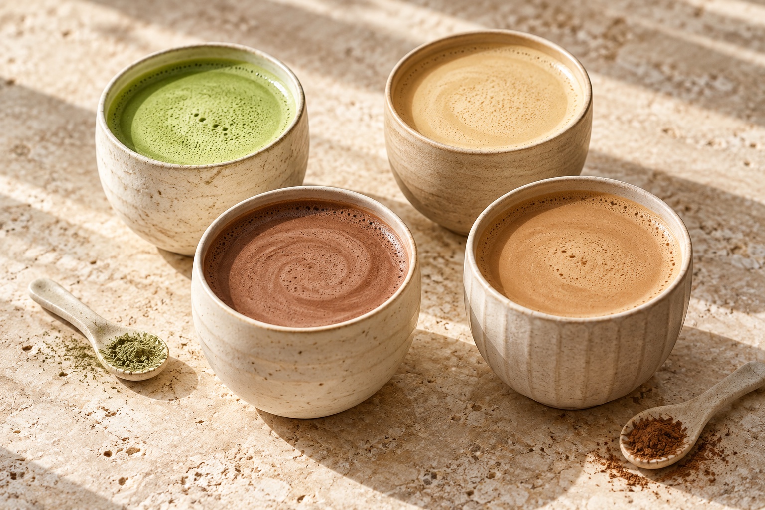 Matcha, malt, chocolate and coffee drinks