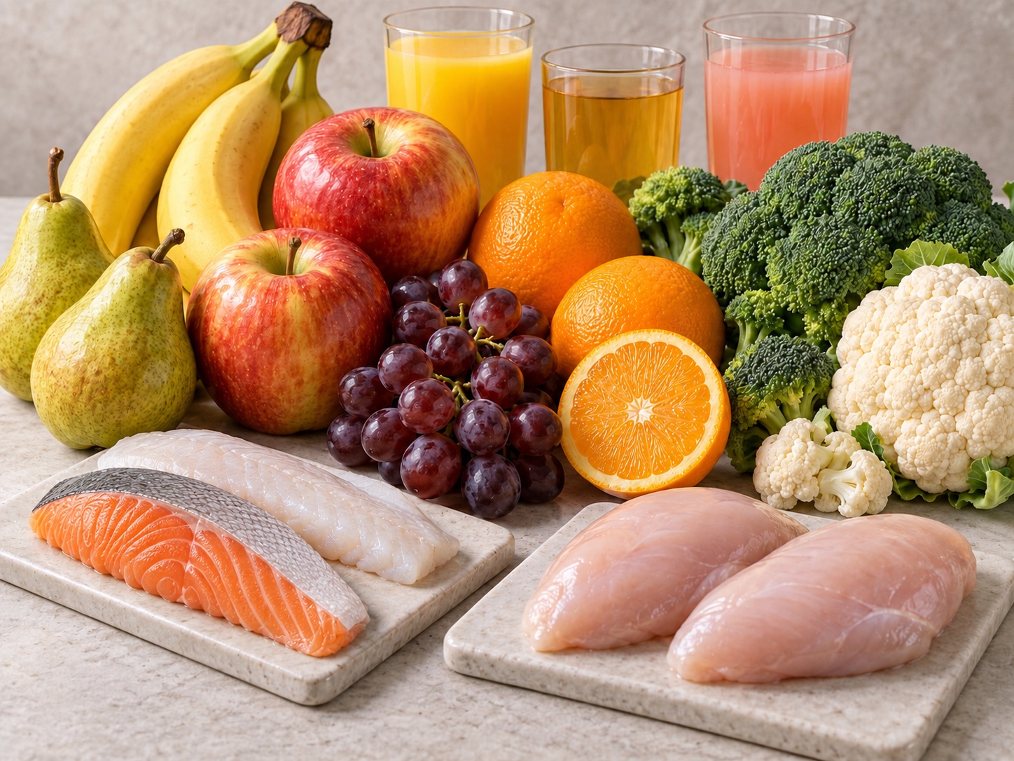Salmon and white fish fillets with chicken, apples, bananas, oranges, broccoli, cauliflower and three fruit juices in a rich fresh-food arrangement